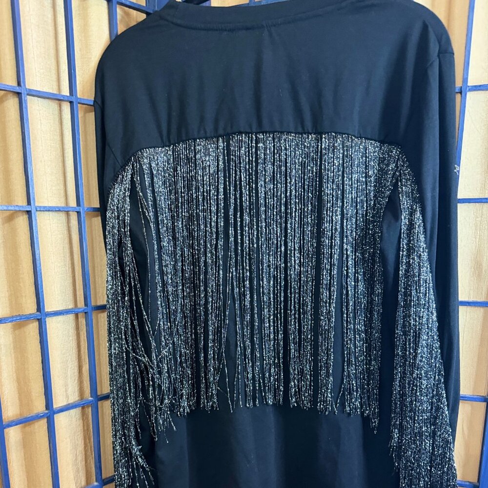 WDIRARA Women’s Medium Black Top, Silver Fringe Long Sleeve, Statement Shirt